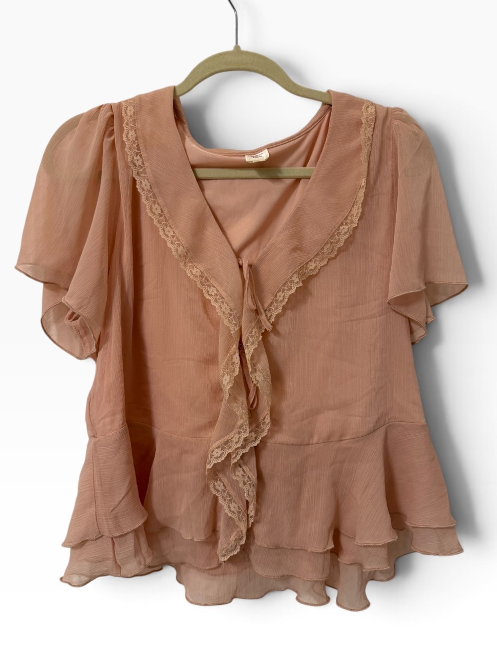 Autres Filles Peachy Pink Lace Ruffle Blouse with Tie Bows Size Large